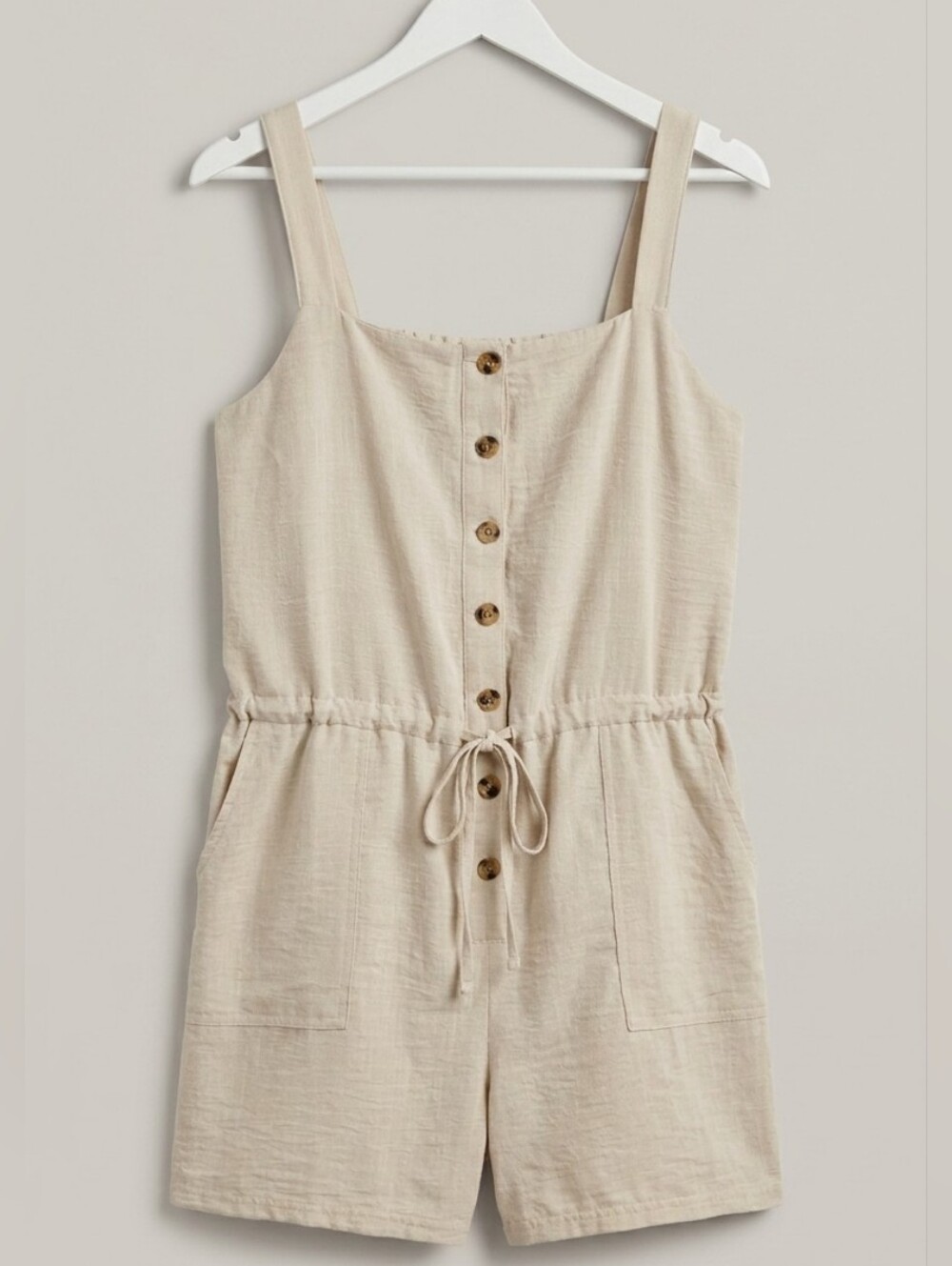Beige Linen-Blend Button Romper with Drawstring - Picture 2 of 5